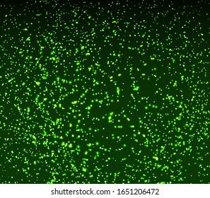 Green magic lights. Glowing sparkles. Falling abstract particles. Shining green confetti. Light effect. Falling stars. Glittering particles. Holiday shimmering lights. Vector illustration.