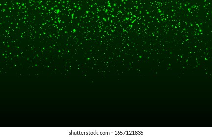 Green magic lights. Glowing sparkles. Falling abstract particles. Shining green confetti. Light effect. Falling stars. Glittering particles. Holiday shimmering lights. Vector illustration.