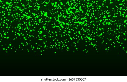 Green magic lights. Glowing sparkles. Falling abstract particles. Shining green confetti. Light effect. Falling stars. Glittering particles. Holiday shimmering lights. Vector illustration.