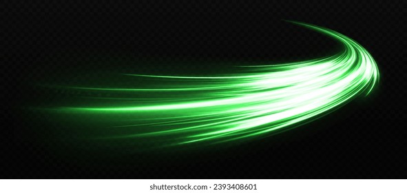 Green magic motion lines. Shiny wave design element with sparkles and particles.