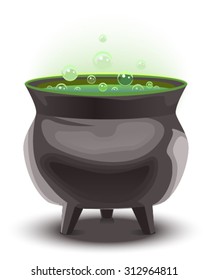 Green magic potion in cauldron. boiling pot. Halloween accessory object. Illustration in vector format