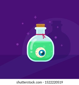 GREEN MAGIC POTION WITH EYEBALL INSIDE THE BOTTLE FLAT ILLUSTRATION BACKGROUND.