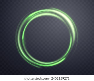 Anillo mágico verde con brillo. Sonido de halo de la bengala de energía realistas. Efecto abstracto de la luz sobre un fondo transparente oscuro. Ilustración vectorial.