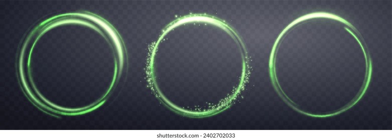 Anillo mágico verde con brillo. Sonido de halo de la bengala de energía realistas. Efecto abstracto de la luz sobre un fondo transparente oscuro. Ilustración vectorial.