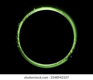 Green magic ring with glowing. Neon realistic energy flare halo ring. Abstract light effect on a black background. Vector illustration.