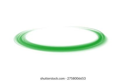 Green magic rings. Dynamic orbital flare halo ring. Realistic energy swoosh swirl. Abstract light effect on a white background. Vector illustration.