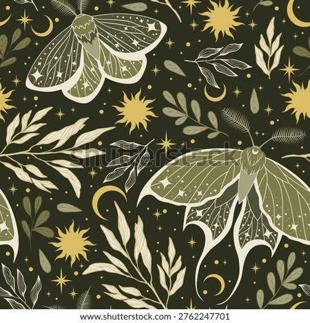 Green magic seamless pattern with moths. Boho background with stars and plants. Vector graphic.