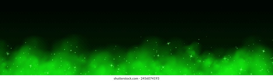 Green magic smoke with stars and sparkles, fog with glowing particles, colorful vapor with star dust. Fantasy haze background. Vector illustration.