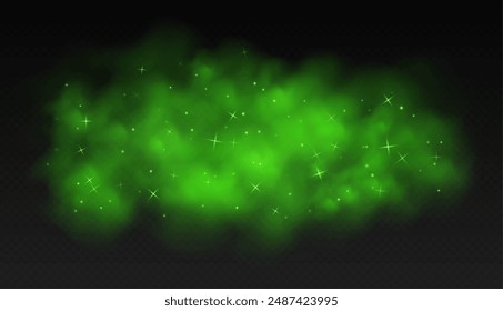 Green magic smoke with stars and sparkles, fog with glowing particles, colorful vapor with star dust. Fantasy haze overlay. Vector illustration.