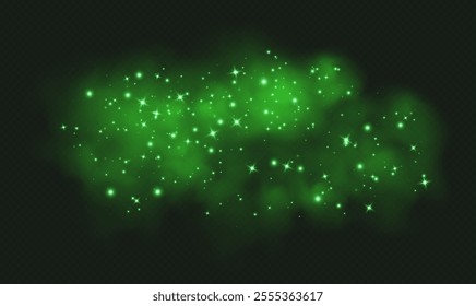 Green magic smoke with stars and sparkles, fog with glowing particles, colorful vapor with star dust.