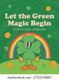 Cartel del día de San Patricio de la magia verde con el arco iris retro y el carácter del trébol