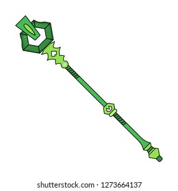 Green Magic Staff Icon isolated on white background. Magic Wand, Scepter, Stick, Rod. Vector Illustration for Your Design, Game, Card, Web.