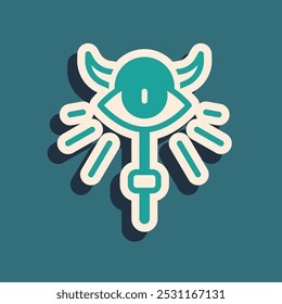 Icono de personal de magia verde aislado sobre fondo verde. Varita mágica, cetro, palo, varilla. Estilo de sombra larga. Vector