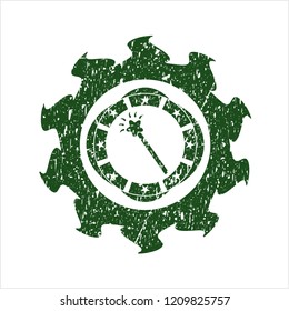 Green magic stick icon inside distressed rubber grunge seal