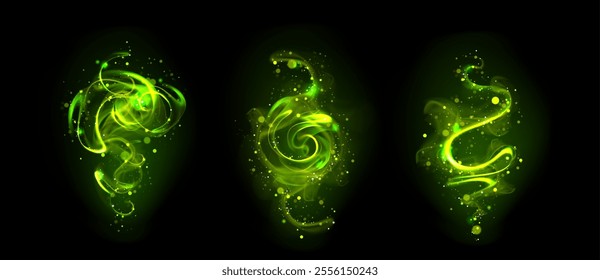 Green magic wand effect. Light trail and sparkle. Spell line with glitter and twinkle swirl. Miracle dust wave shine after fantasy witchcraft isolated sorcery on black background. Neon streak curve