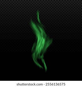 Green magical fire flame isolated on transparent background. Toxic poisonous mist or smoke. Gas or ether. Realistic decorative design element. Supernatural energy. Chemical fumes. Vector illustration.