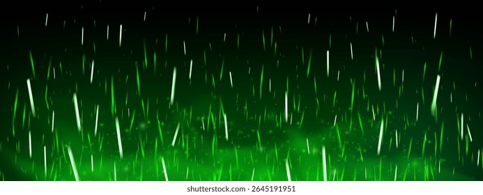 Green magical fire sparks and glowing embers. Toxic smoke, fog and abstract particles on black background. Fantasy 3D effect with shiny flare, fairytale energy and neon light overlay.