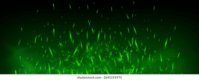 Green magical fire sparks and glowing embers. Toxic poison smoke, fog and abstract particles on black background. Fantasy 3D effect with shiny flare, fairytale energy and neon light overlay.