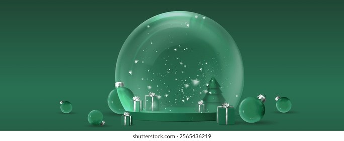 Green magical snow globe scene with circular platform, wrapped boxes with silver ribbons, scattered ornamental baubles. Realistic 3D winter Christmas wonderland displays and holiday marketing banner.