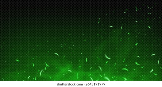 Green magical spark and fire effect on dark smoky background. Glowing particles and ember flames. Toxic fog, fairy glitter and neon light add fantasy and mystery. Abstract festive scene