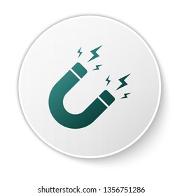 Green Magnet with lightning icon isolated on white background. Horseshoe magnet, magnetism, magnetize, attraction sign. White circle button. Vector Illustration