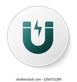 Green Magnet with lightning icon isolated on white background. Horseshoe magnet, magnetism, magnetize, attraction sign. White circle button. Vector Illustration