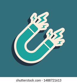 Green Magnet with lightning icon isolated on blue background. Horseshoe magnet, magnetism, magnetize, attraction sign. Long shadow style. Vector Illustration