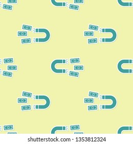 Green Magnet with money icon isolated seamless pattern on yellow background. Concept of attracting investments, money. Big business profit attraction and success. Vector Illustration