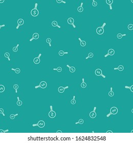 Green Magnifying glass and dollar symbol icon isolated seamless pattern on green background. Find money. Looking for money.  Vector Illustration