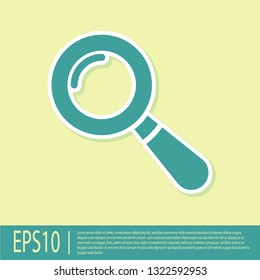 Green Magnifying glass icon isolated on yellow background. Search, focus, zoom, business symbol. Flat design. Vector Illustration