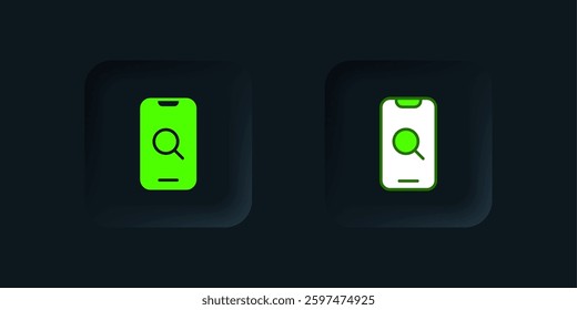 Green Magnifying glass and mobile icon isolated on black background. Search, focus, zoom, business symbol. Black square button. Vector