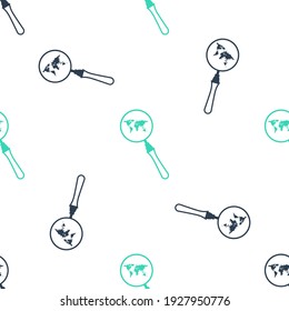 Green Magnifying glass with world map icon isolated seamless pattern on white background. Analyzing the world. Global search sign.  Vector