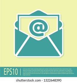Green Mail and e-mail icon isolated on yellow background. Envelope symbol e-mail. Email message sign. Flat design. Vector Illustration