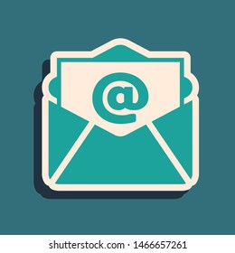 Green Mail and e-mail icon isolated on blue background. Envelope symbol e-mail. Email message sign. Long shadow style. Vector Illustration
