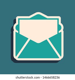 Green Mail and e-mail icon isolated on blue background. Envelope symbol e-mail. Email message sign. Long shadow style. Vector Illustration