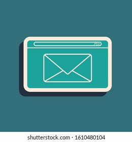 Green Mail and e-mail icon isolated on blue background. Envelope symbol e-mail. Email message sign. Long shadow style. Vector Illustration