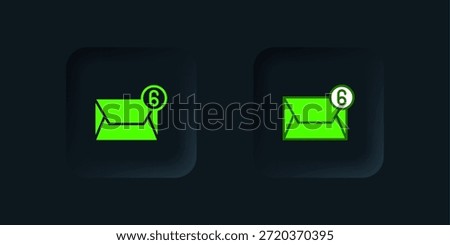 Green Mail and e-mail icon isolated on black background. Envelope symbol e-mail. Email message sign. Black square button. Vector