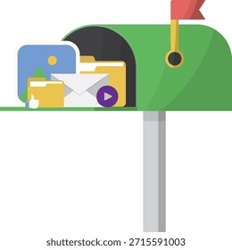 Buzón verde con contenido digital en fondo transparente. Ideal para la gestión de correo electrónico, la organización de la bandeja de entrada y los conceptos de comunicación. Concepto de datos de limpieza. Diseño plano. Ilustración vectorial