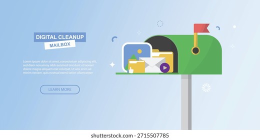 Buzón verde lleno de contenido digital y medios con Anuncio de limpieza digital. Perfecto para campañas de administración de correo electrónico y organización de bandeja de entrada. Concepto de limpieza digital. Estilo plano. Ilustración vectorial