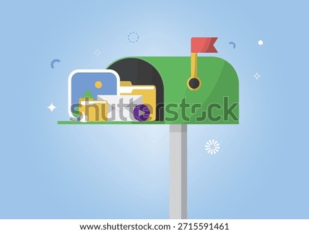 Green mailbox filled with letters, packages, and digital media icons including video and images. Represents email communication, inbox management, and digital correspondence. Vector illustration