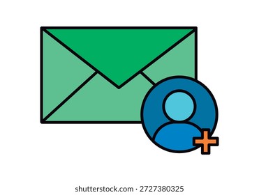 Ícone verde do envelope de endereçamento com símbolo de adição de usuário