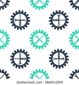 Green Maintenance symbol - screwdriver, spanner and cogwheel icon isolated seamless pattern on white background. Service tool symbol. Setting icon. Vector.