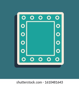 Green Makeup mirror with lights icon isolated on blue background. Long shadow style. Vector Illustration