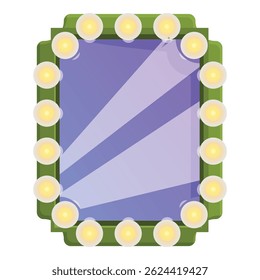 Green makeup mirror surrounded by lightbulbs is reflecting light, creating a festive atmosphere