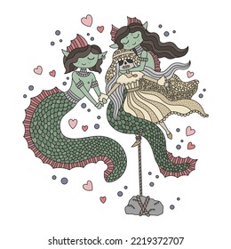 Green male mermaids with drowned dead bride. Underwater dark fantasy drawing. Cute love story. Funny cartoon vector illustration. Isolated on white