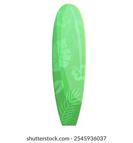 Green Malibu Surfboard or Funboard with monstera and palm leaf patterns and Hawaiian colors. summer vibes and water sports enthusiasts. Gradient summer surfboard with a colorful pattern