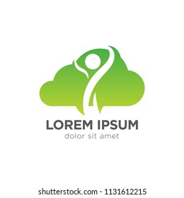 Green Man Cloud Eco Logo design vector template Negative space. Ecology Happy life Logotype concept icon.