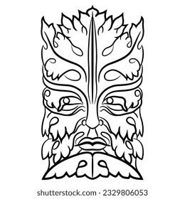 Green Man or foliate head from Bamberg Cathedral, Germany. Mask of fantastic bearded man covered with leaves. Medieval folk motif. Pagan god of nature and vegetation. Black and white linear silhouette