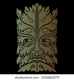 Green Man or foliate head from Bamberg Cathedral, Germany. Mask of fantastic bearded man covered with leaves. Pagan god of nature and vegetation. Monochrome green and brown silhouette on black.