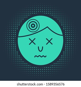 Green Man having headache, migraine icon isolated on blue background. Abstract circle random dots. Vector Illustration